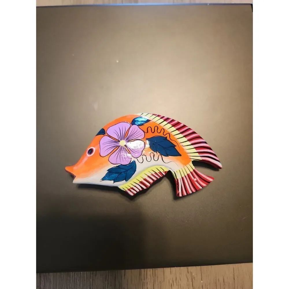 Vintage Hair Barrette Hand Painted Aloha Tropical Orange Floral Fish 4 Inches